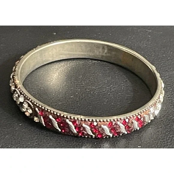 Vintage Rhinestone Bangle Bracelet Red White Sparkly Retro - Picture 2 of 14